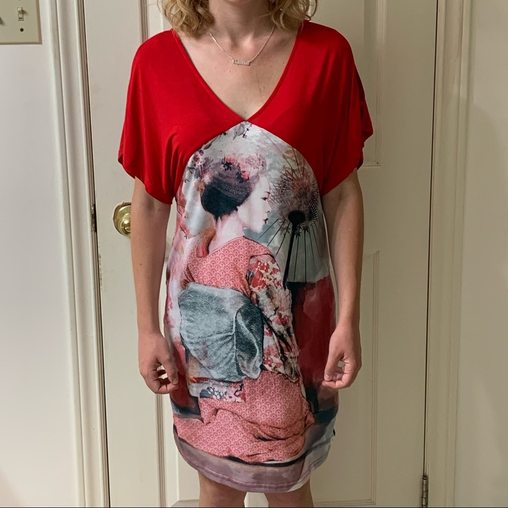 🌷3 for $25🌷Smash!, US XS, Red Asian Inspired Geisha V-Neck Shift Dress, NWOT